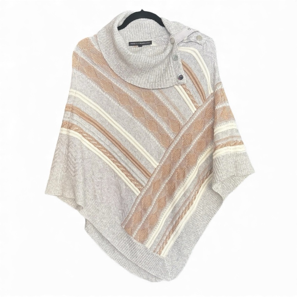 White House Black Market Cozy Striped Button-Neck Poncho Size XS – Neutral Chic